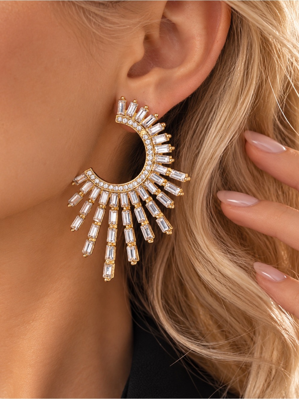 Gold Crystal Sunburst Statement Earrings